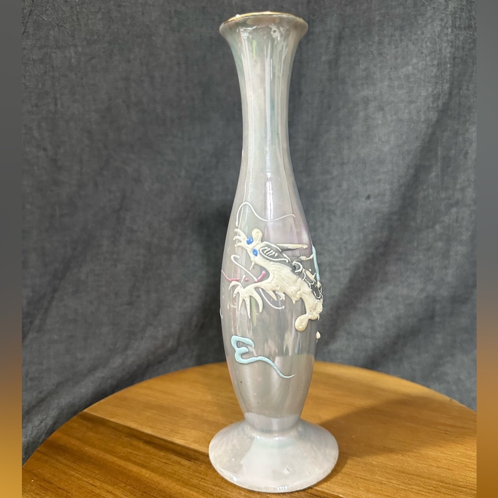Dragon ware gray/blue metallic bud vase with an applied dragon.